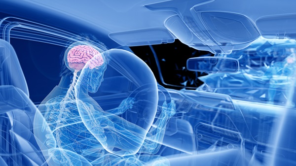 3D rendered illustration of a car crash impact showing a transparent driver figure with a highlighted brain striking an inflated airbag.