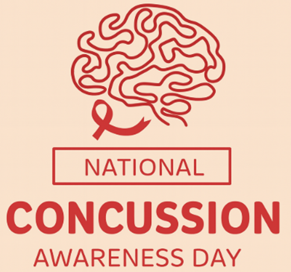 A graphic for National Concussion Awareness Day featuring a red outline of a brain with a ribbon beneath it. The background is tan, and the centered red text reads “National Concussion Awareness Day.”