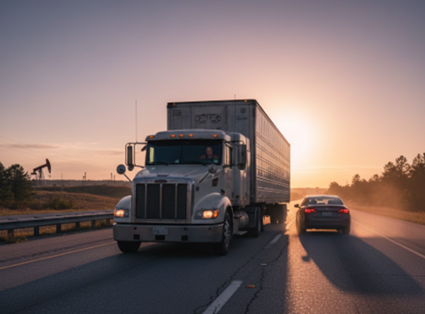 A semi-trailer truck driving down a highway at sunset, with a car following behind it and an oil derrick visible in the distance.