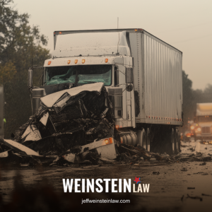 A semi sitting on the highway in Tyler with its front end destroyed after a major crash in rainy conditions