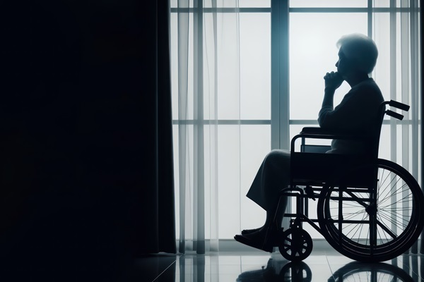 A silhouette of an elderly person sitting in a wheelchair, facing a large, bright window in a dimly lit room at a nursing home.