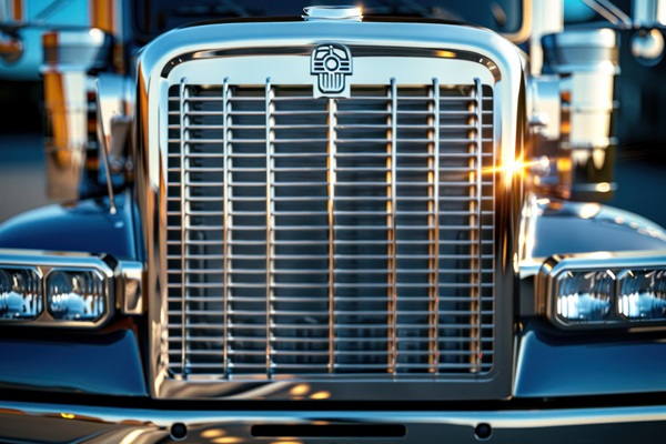 A close-up of a large semi-truck's chrome grille and headlights, reflecting sunlight and showing intricate mechanical details.