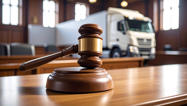 A wooden judge's gavel and sound block sitting on a polished desk in the foreground, with a blurred white semi-truck and a Texas courtroom interior in the background.