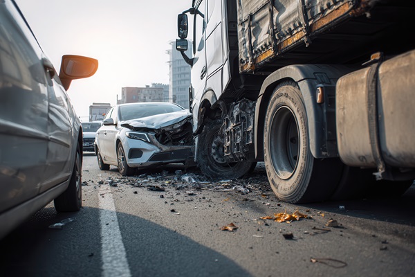 A white passenger car with significant front-end damage after a head-on collision with a large semi-truck on a Texas road with debris scattered across the asphalt.