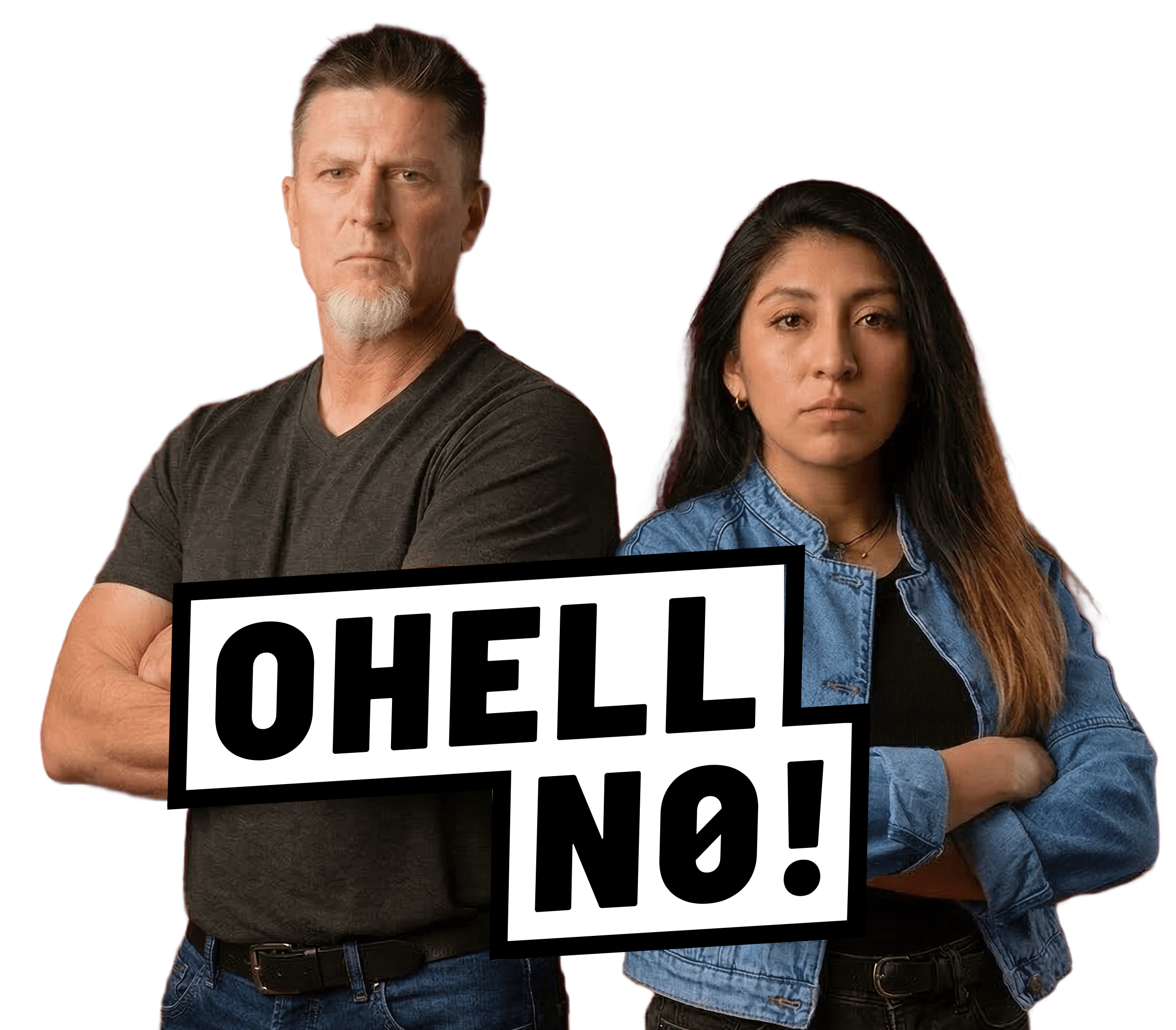 Two people standing with arms behind the OHELLNO! Logo