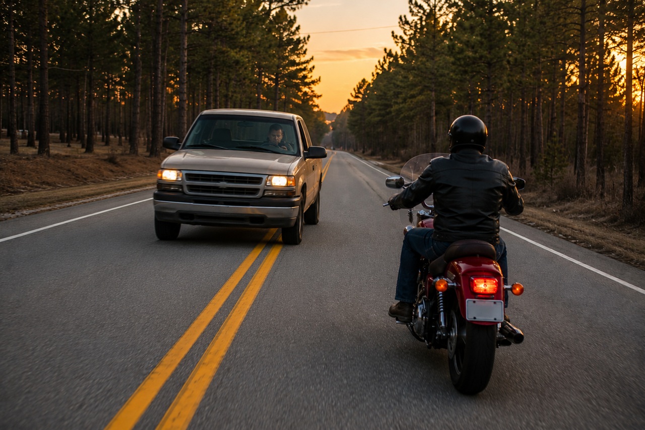 A view from behind a motorcyclist riding down a pine-lined two-lane road at sunset as an oncoming pickup truck drifts over the double yellow lines, illustrating head-on collision hazards and East Texas motorcycle accident risks.