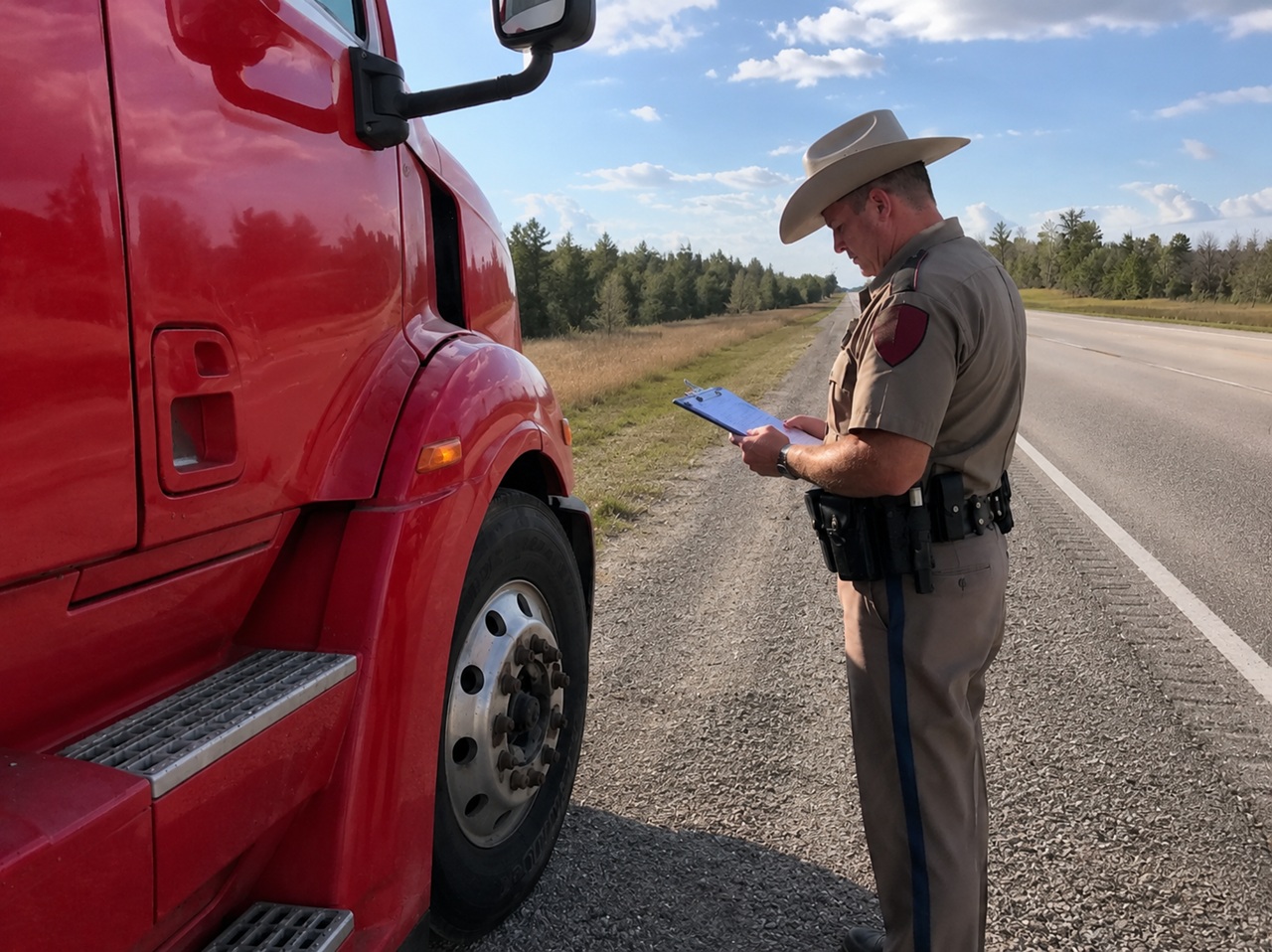 A Texas State Trooper wearing a traditional cowboy hat stands on the shoulder of a rural highway, reviewing paperwork on a clipboard next to a large red semi-truck during a commercial vehicle roadside safety inspection.