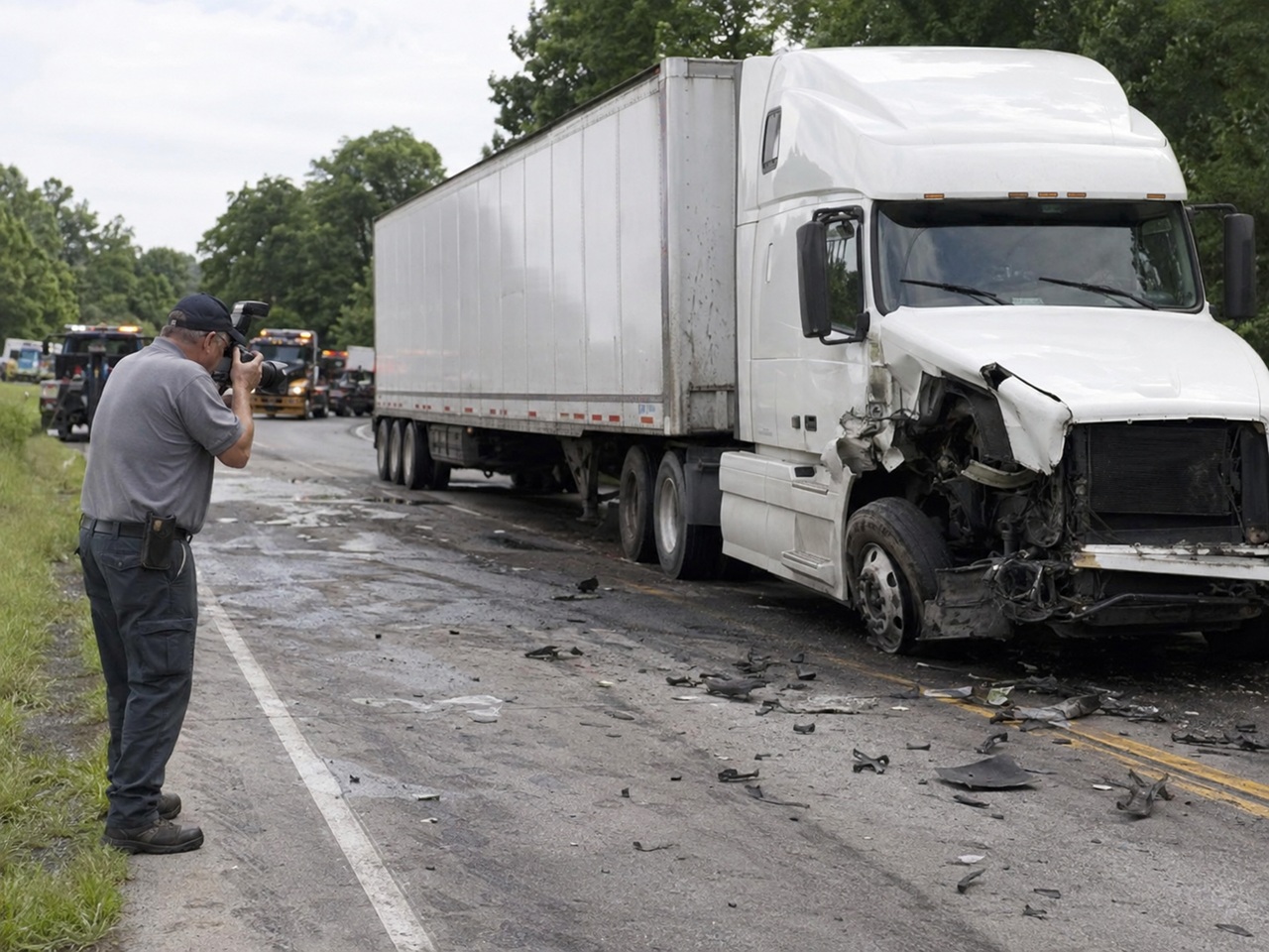 An investigator photographs the catastrophically damaged front end of a white semi-truck on a Texas highway, with debris scattered across the road and tow trucks staged in the background, depicting the critical post-crash evidence documentation that supports a spoliation letter demanding that the trucking company preserve the vehicle, black box data, driver logs, and maintenance records before they are destroyed or overwritten.