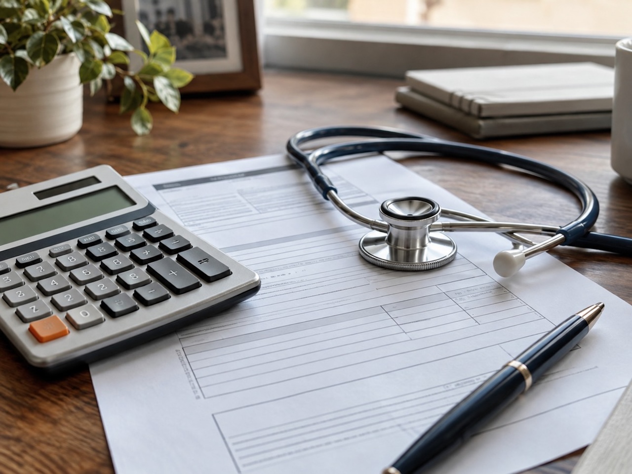 Calculator and stethoscope resting on financial or medical paperwork on a wooden desk in natural window light.