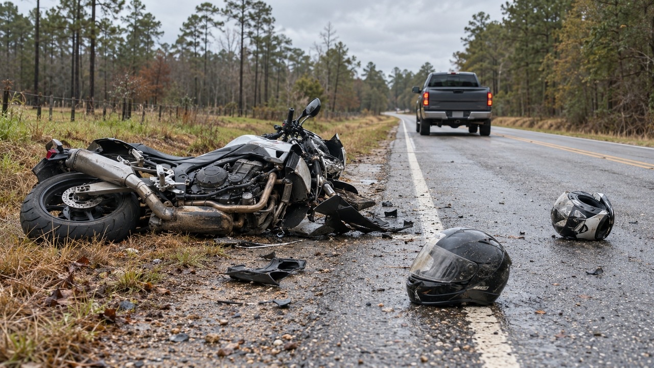 Damaged motorcycle lying on the shoulder of an East Texas highway with two helmets on the pavement and a pickup truck stopped in the background.